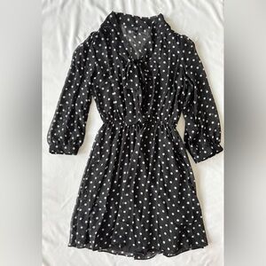 Forever21 long-sleeved polkadot dress with bow neck tie, black & white (size M)